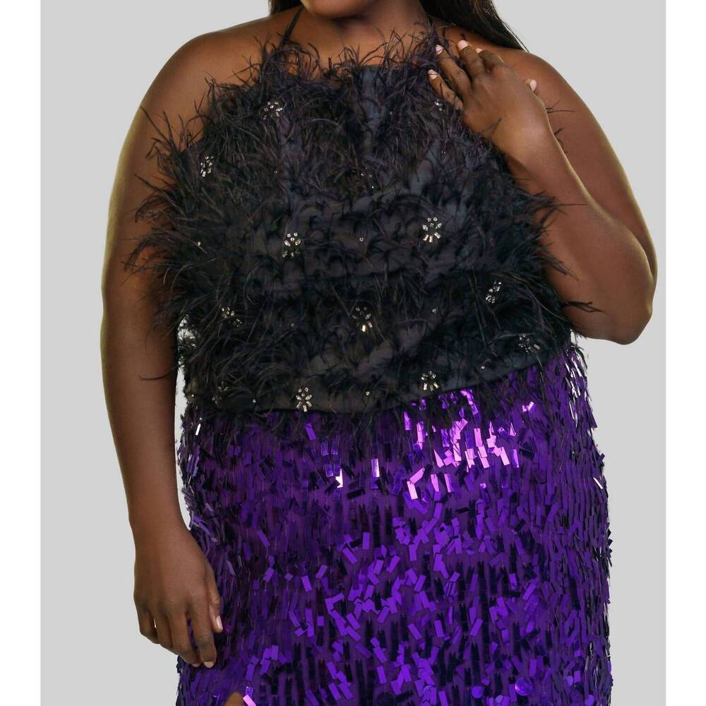NEW LA FUORI salena satin feather top - plus in black sparkle